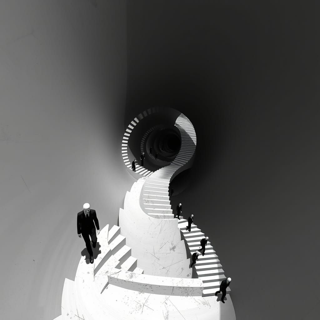 Infinite Staircase with Faceless Figure in Surreal Cubist St...