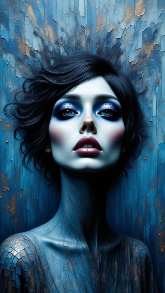 Surreal Face Emerges From Blue Water Wall