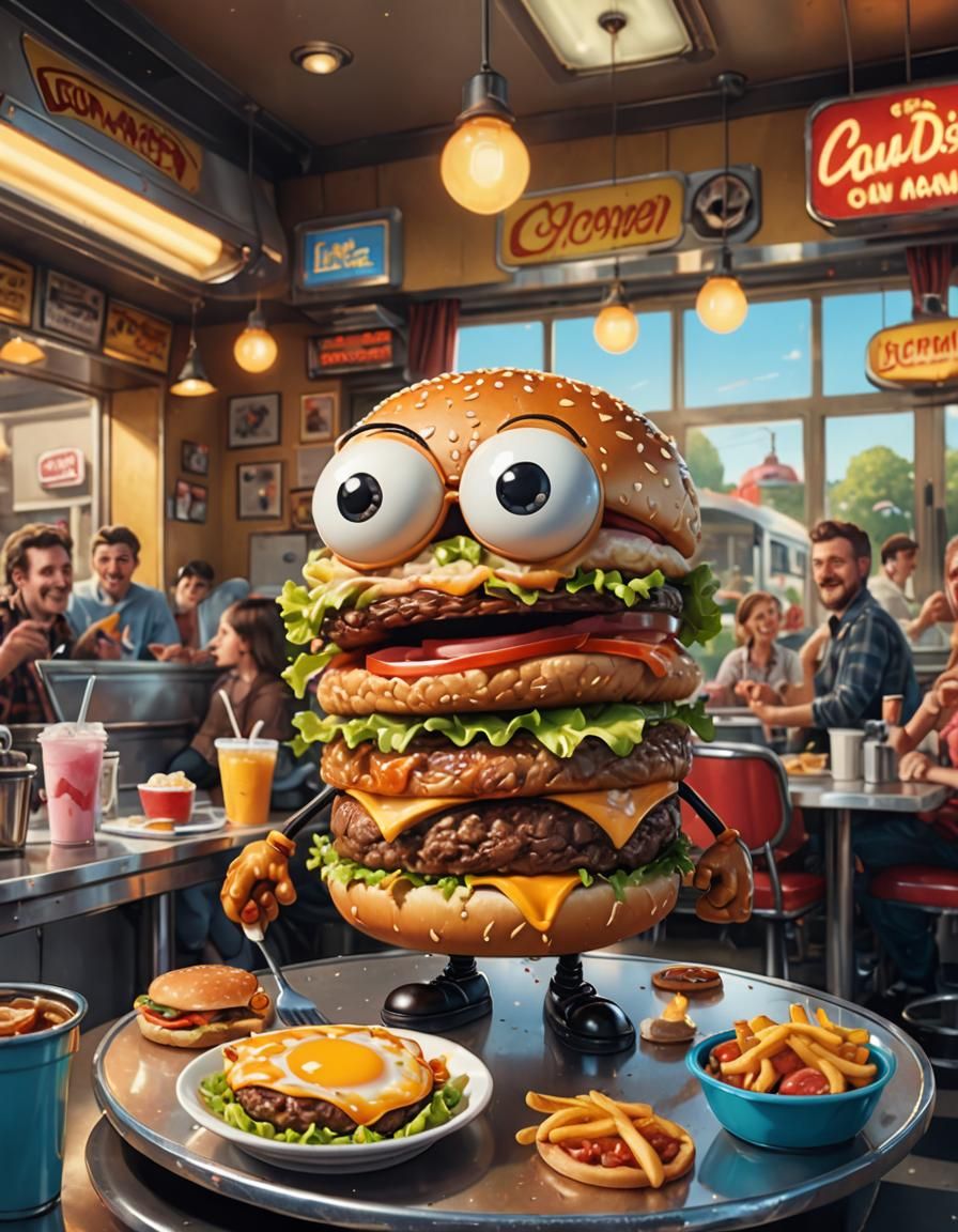 Happy Googly-Eyed Hamburger in Diner: Digital Illustration