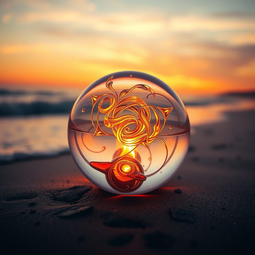 Fiery Orb on Dawn Beach, Digital Art
