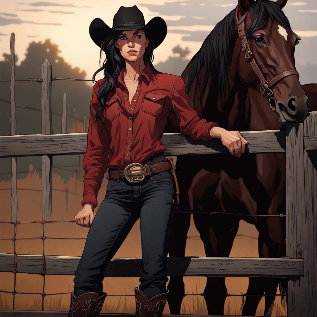Cowgirl Posing with Black Horse, Hyperdetailed Portrait