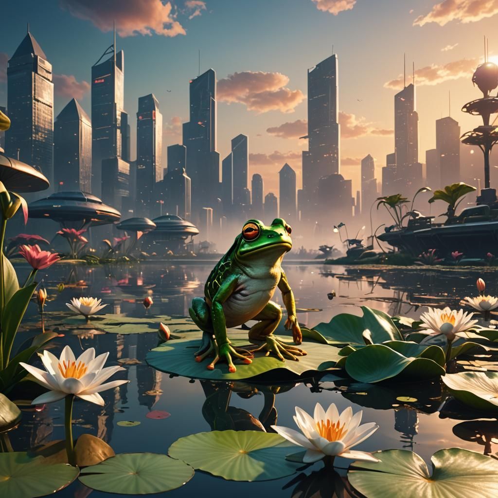 Frog Gazing at Futuristic Cityscape in 3D Game Art