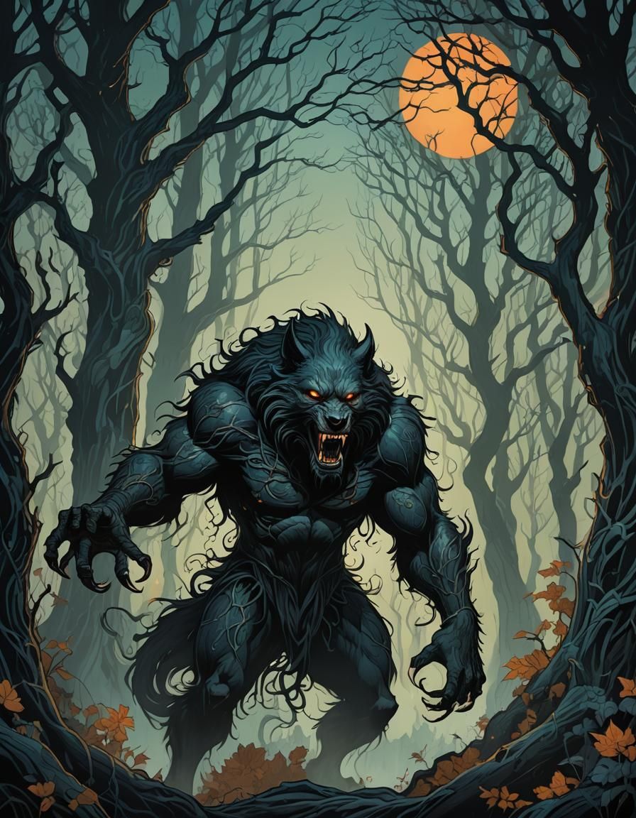 Mutated Werewolf in Dark Fantasy Art Nouveau Style
