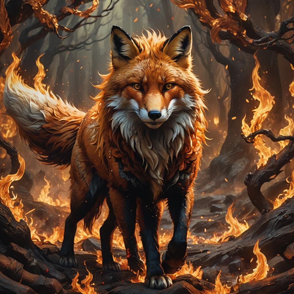 Legendary Fox Walking on Fire in Fantasy Art