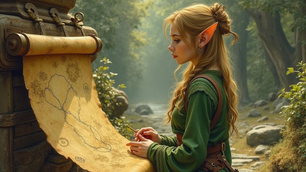 Elf Rogue at Crossroads in Fantasy Illustration Style