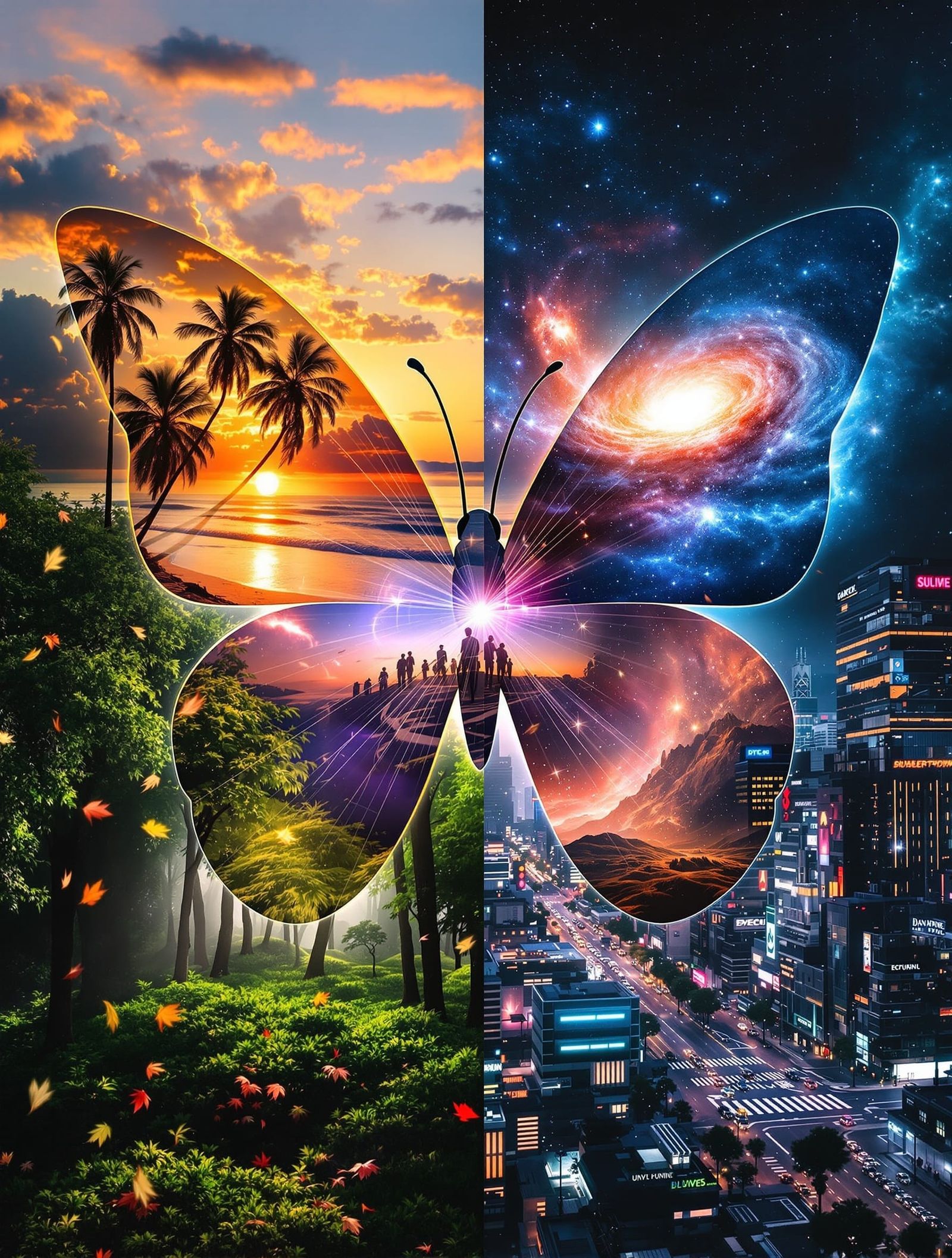 Abstract Butterfly Collage with Cosmic and City Views