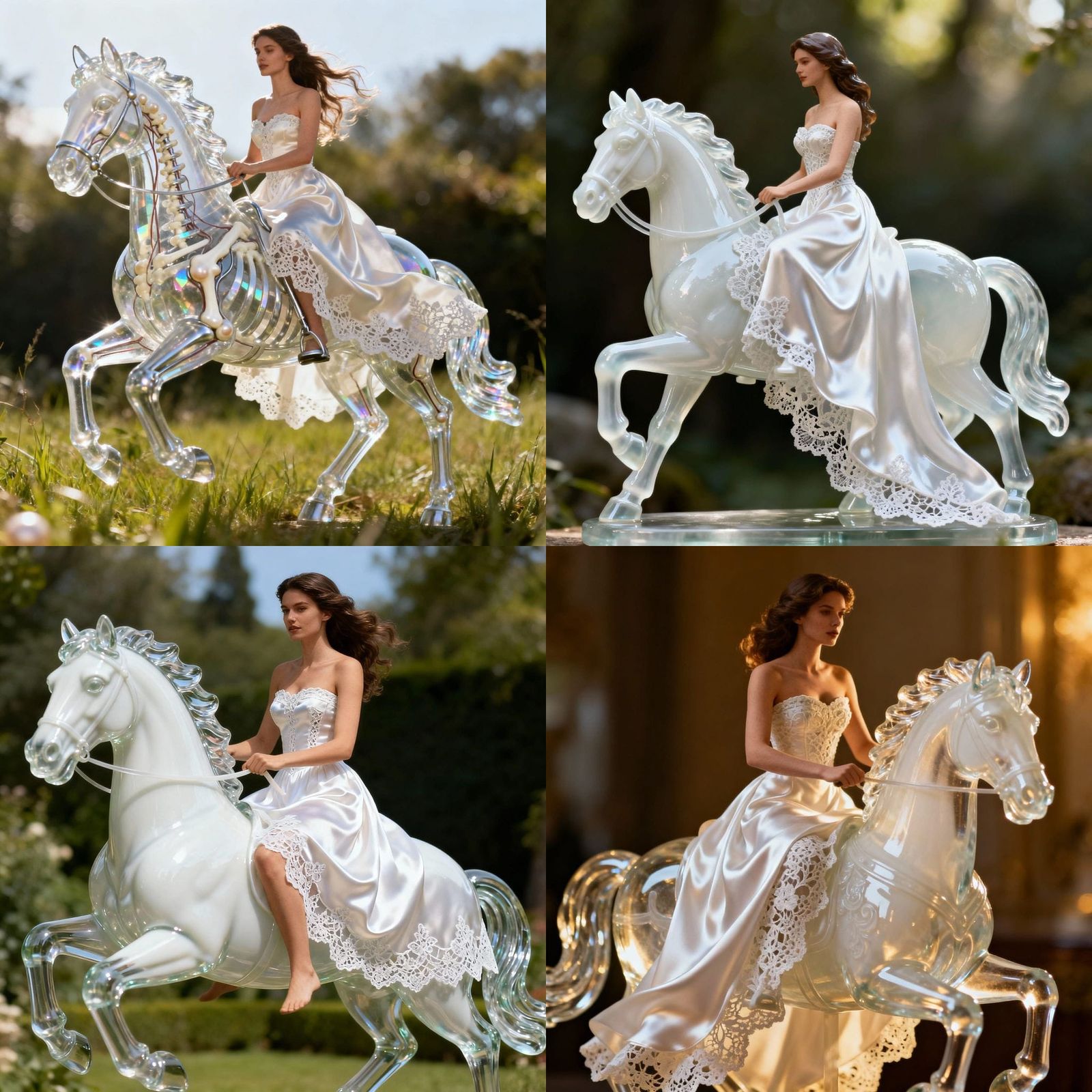 Beautiful Woman Rides Glass Horse in Silk Dress