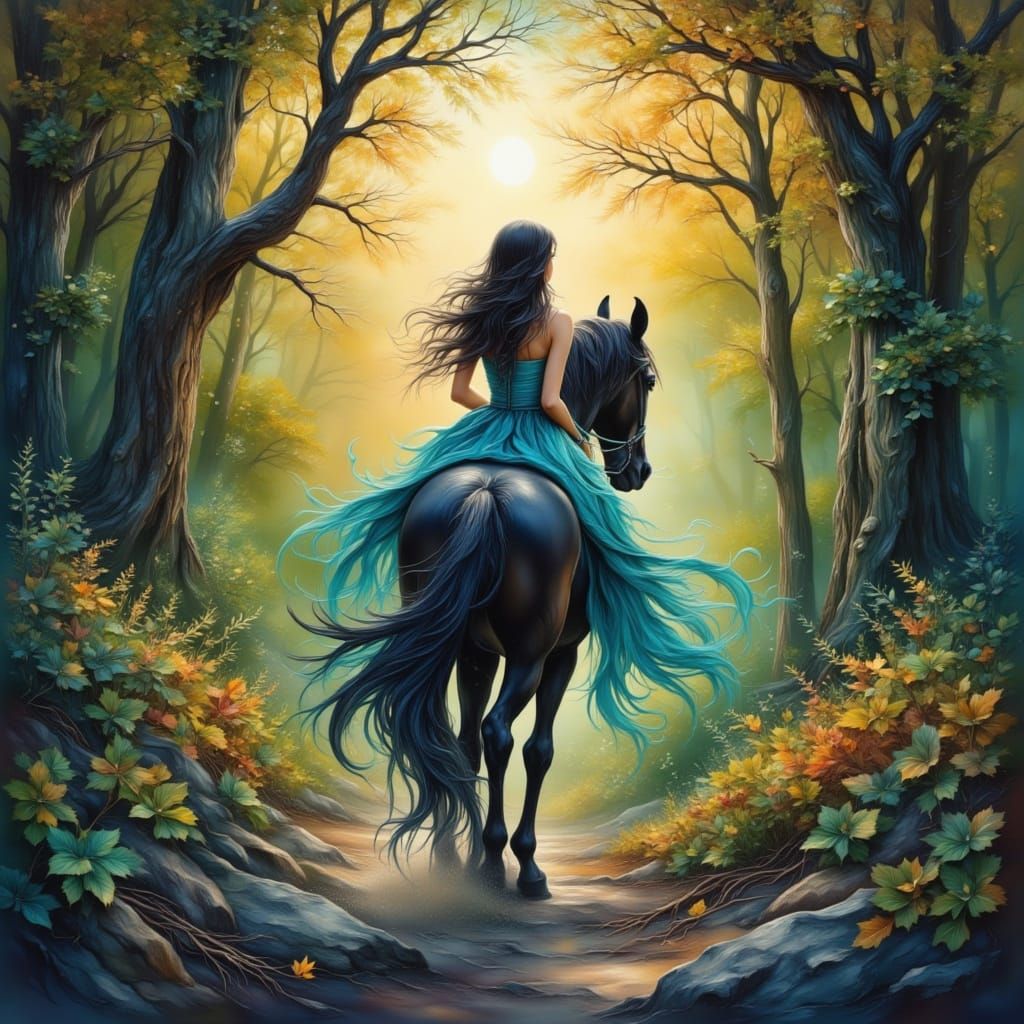 Woman Riding Stallion in Forest, Whimsical Illustration