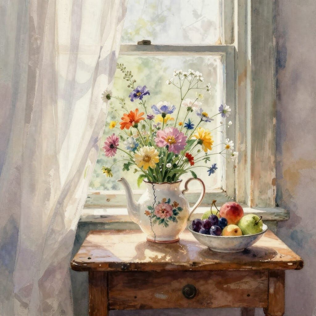Wildflowers in Antique Teapot with Fruit Bowl