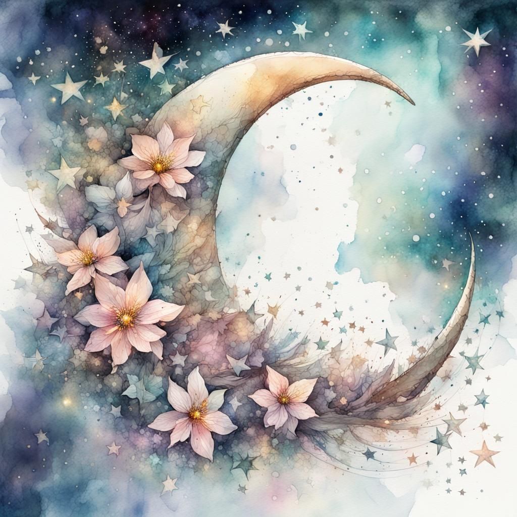 Crescent Moon and Stars in Watercolor Style