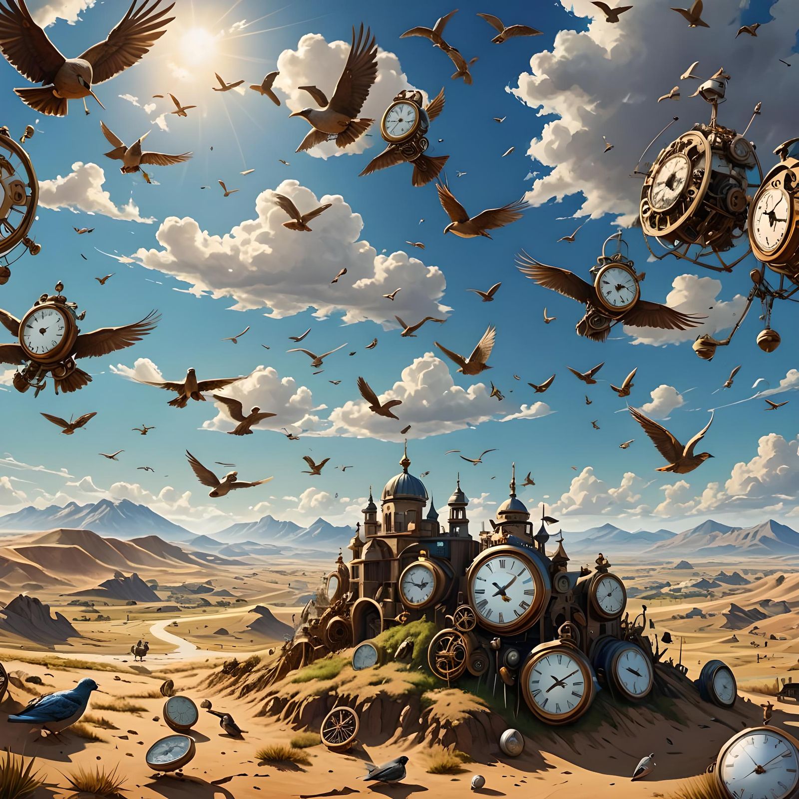 Birds Carry Clocks Over Plains