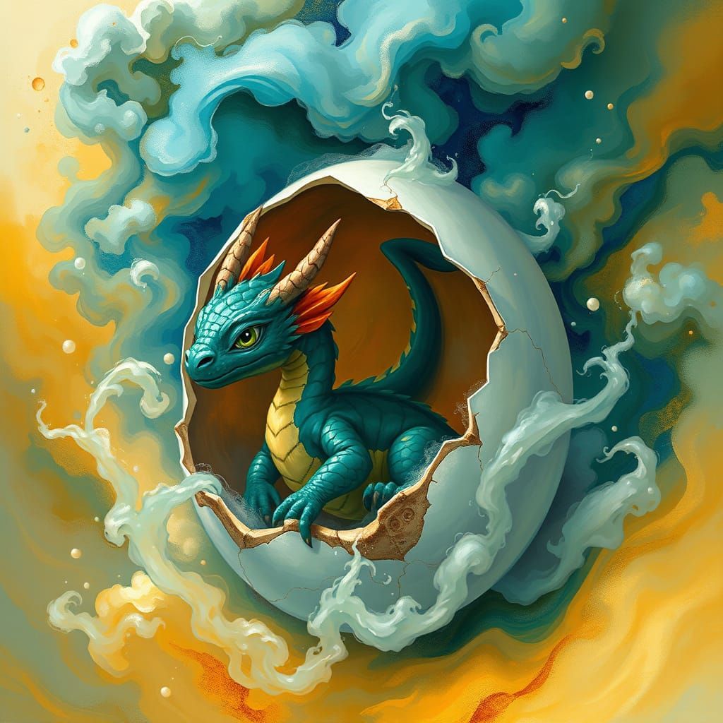 Dreamlike Baby Dragon Emerges from Eggshell in Vibrant, Ethe...