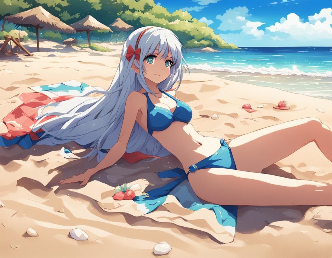Princess on Beach: Anime Style, Cel-Shaded Art