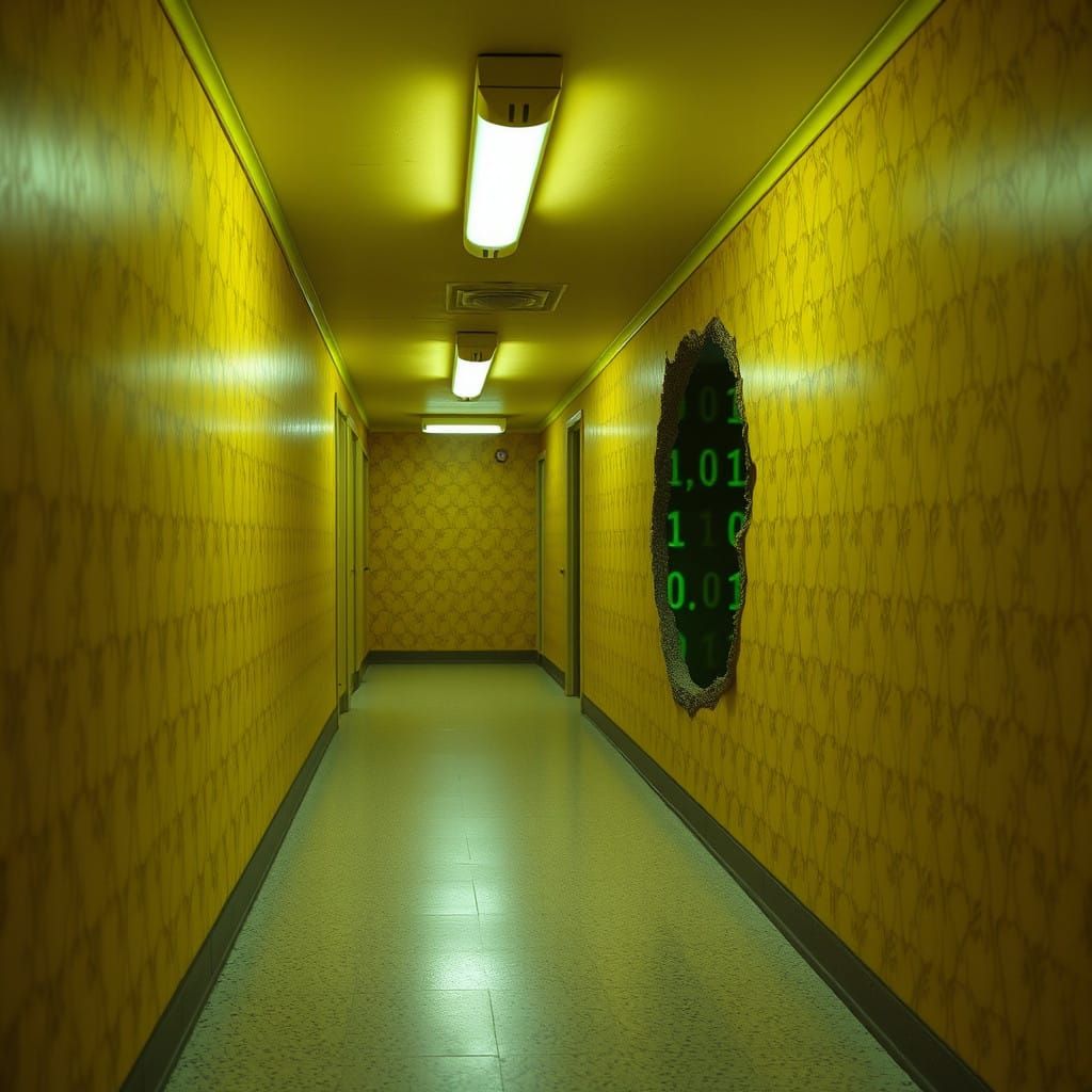 Surreal Liminal Hallway in Neon Yellow with Binary Numbers