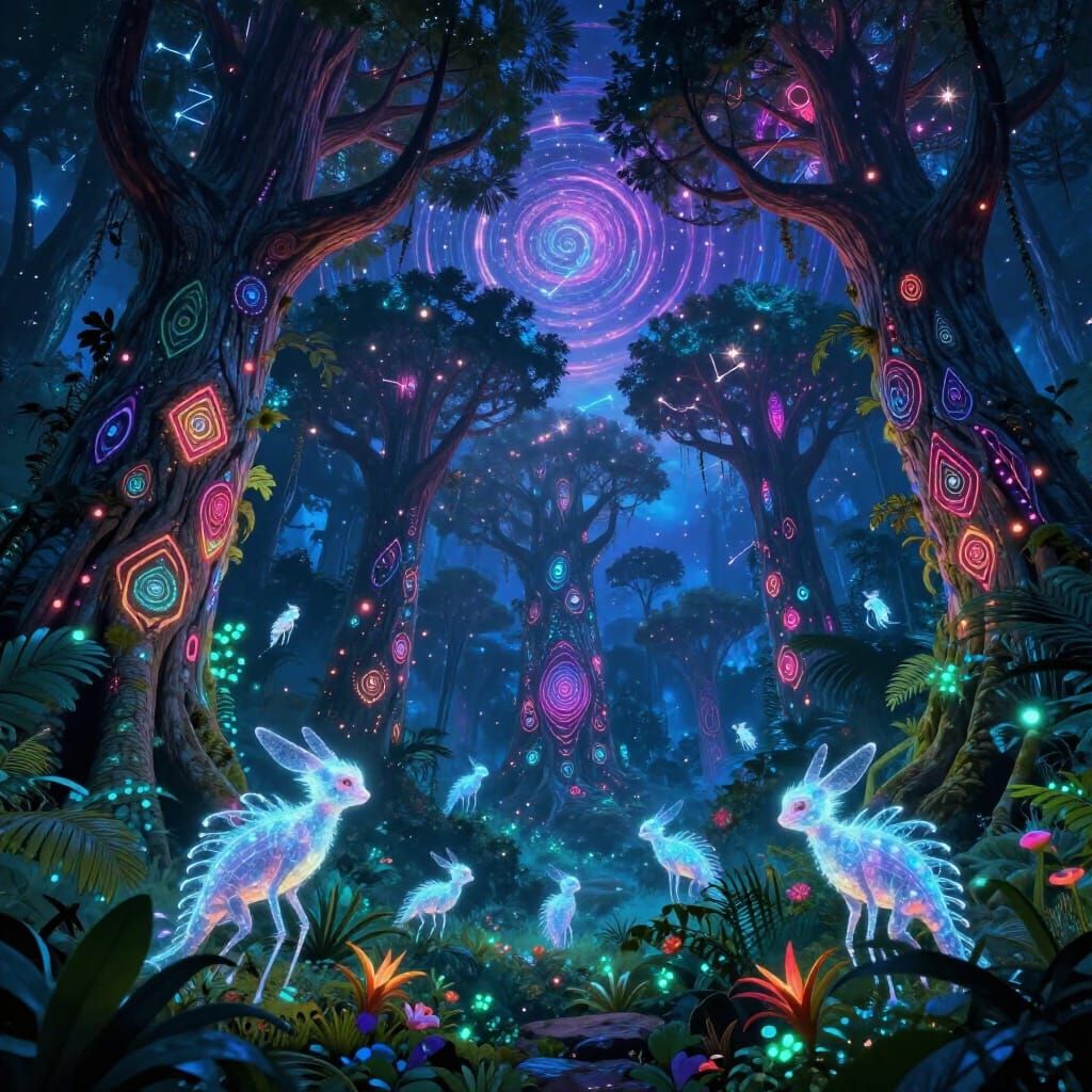Bioluminescent Jungle Night with Glowing Trees and Constella...