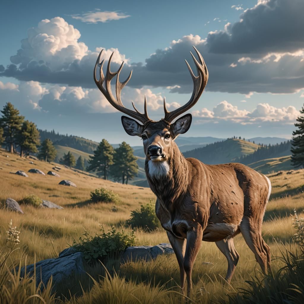 Whitetail Buck on Hilltop: Detailed Matte Painting