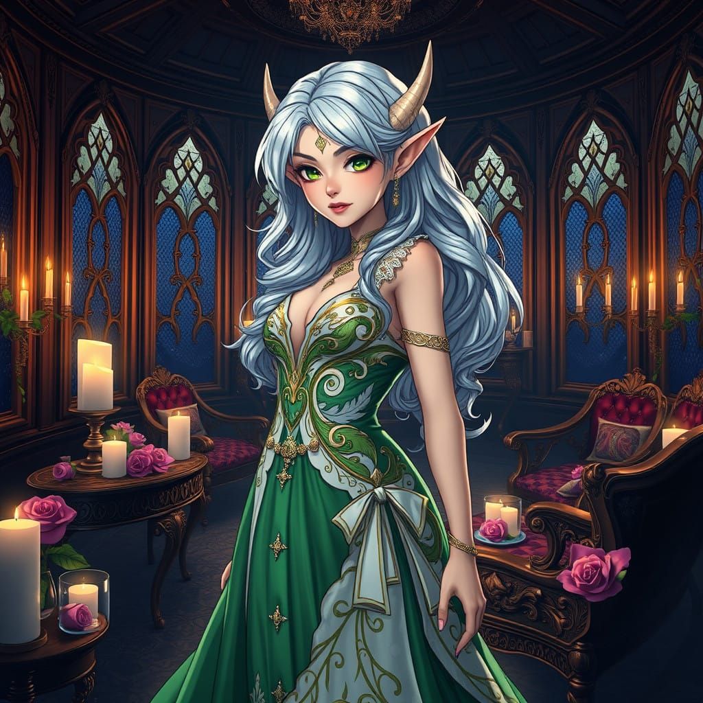 Mystical Elf Goddess in Green and White Evening Gown