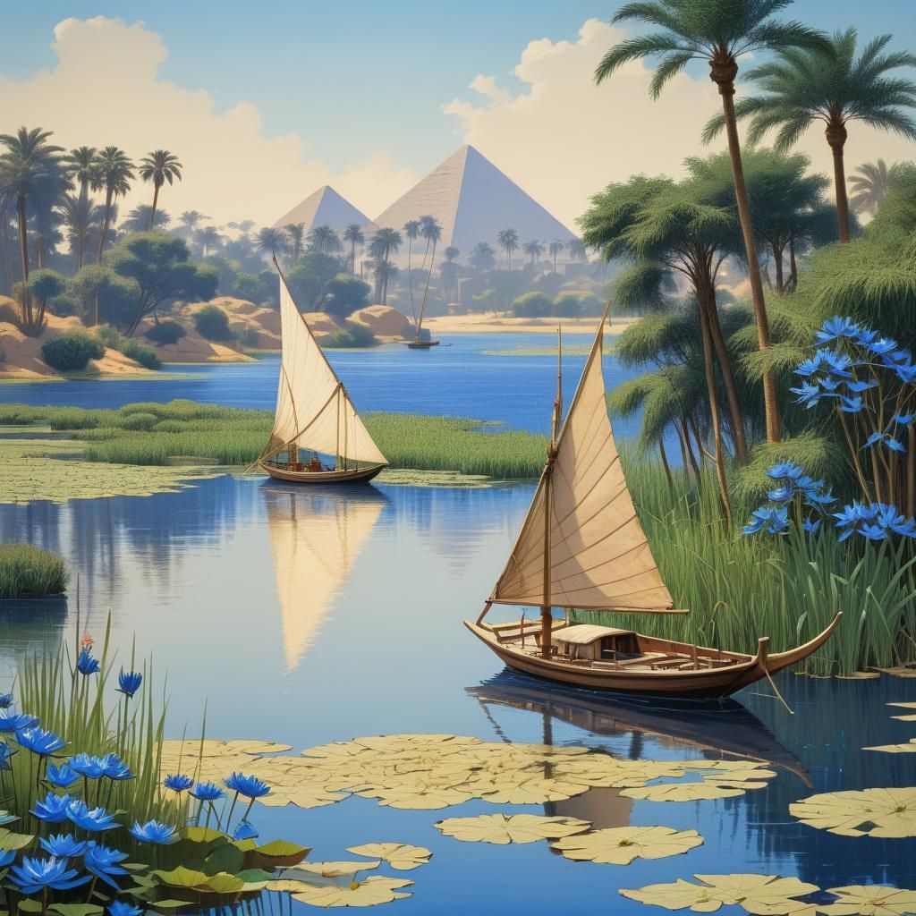 Ancient Egypt beautiful landscape Nile river, felucca wooden...