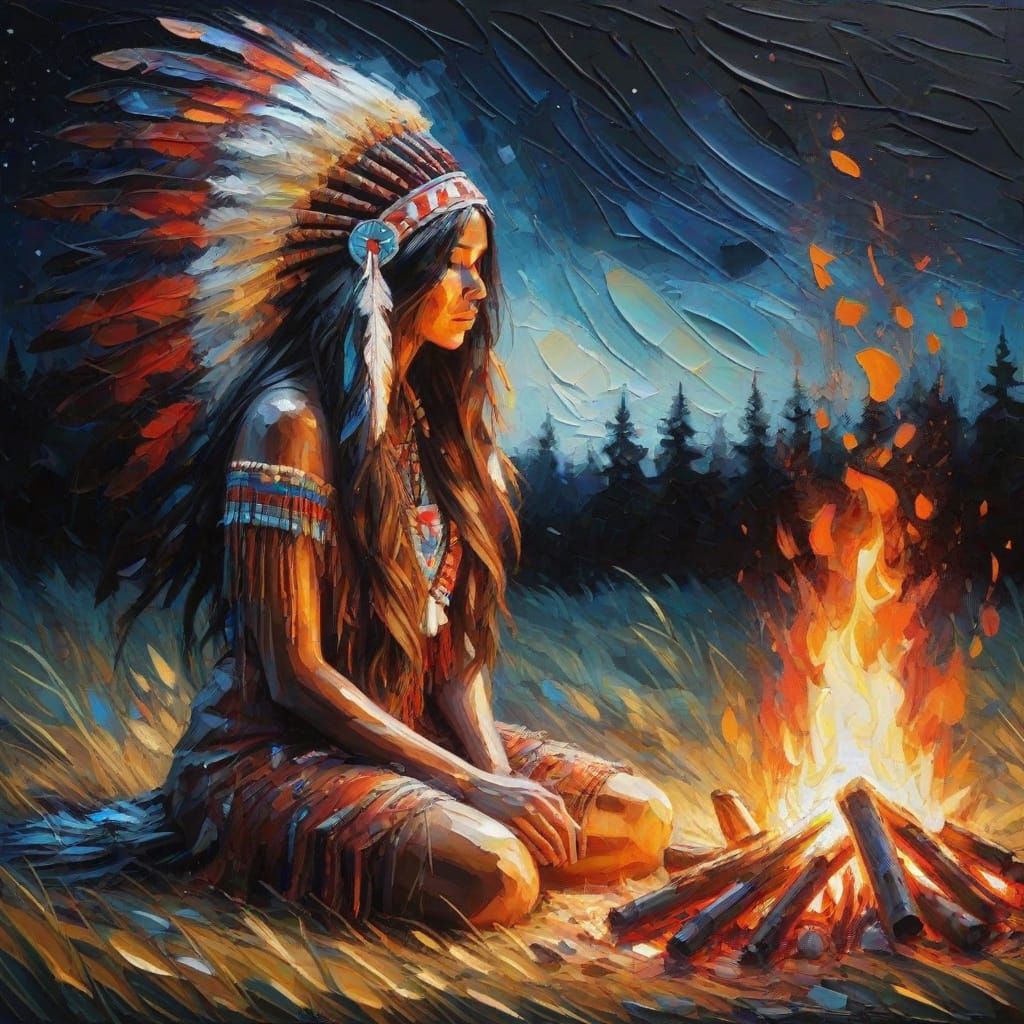 Native American Woman by Campfire in Impasto Painting Style