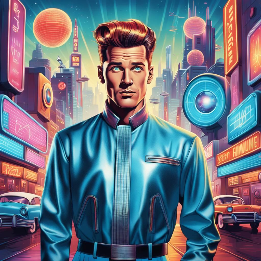 Retro-Futuristic Portrait in Atomic Cityscape