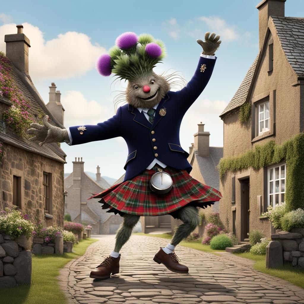 Dancing Thistle in Kilt in Scottish Village