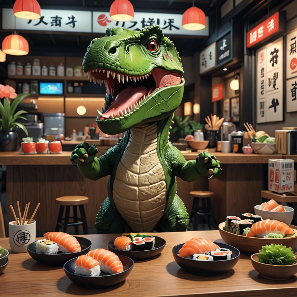 Adorable T-Rex with Sushi in Anime Art Style