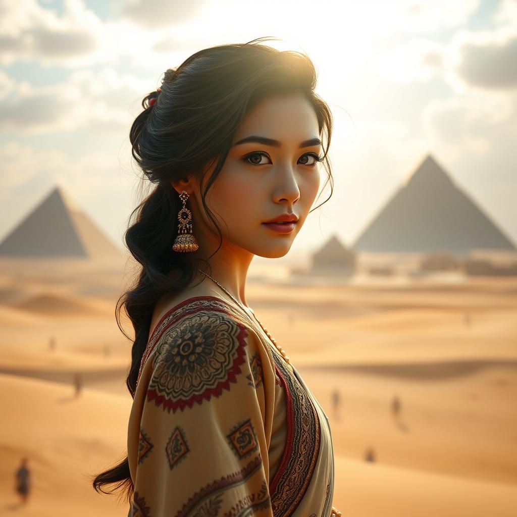 Oriental Woman in Desert, Hyper-Realistic 3D Render