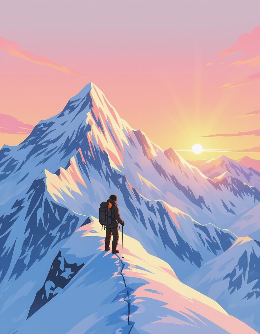 Climber on Snow Mountain in Vintage Anime Style