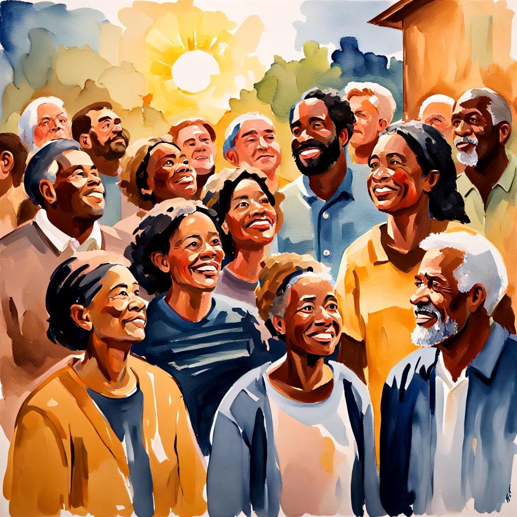 Hopeful Gathering in Vibrant Gouache Style