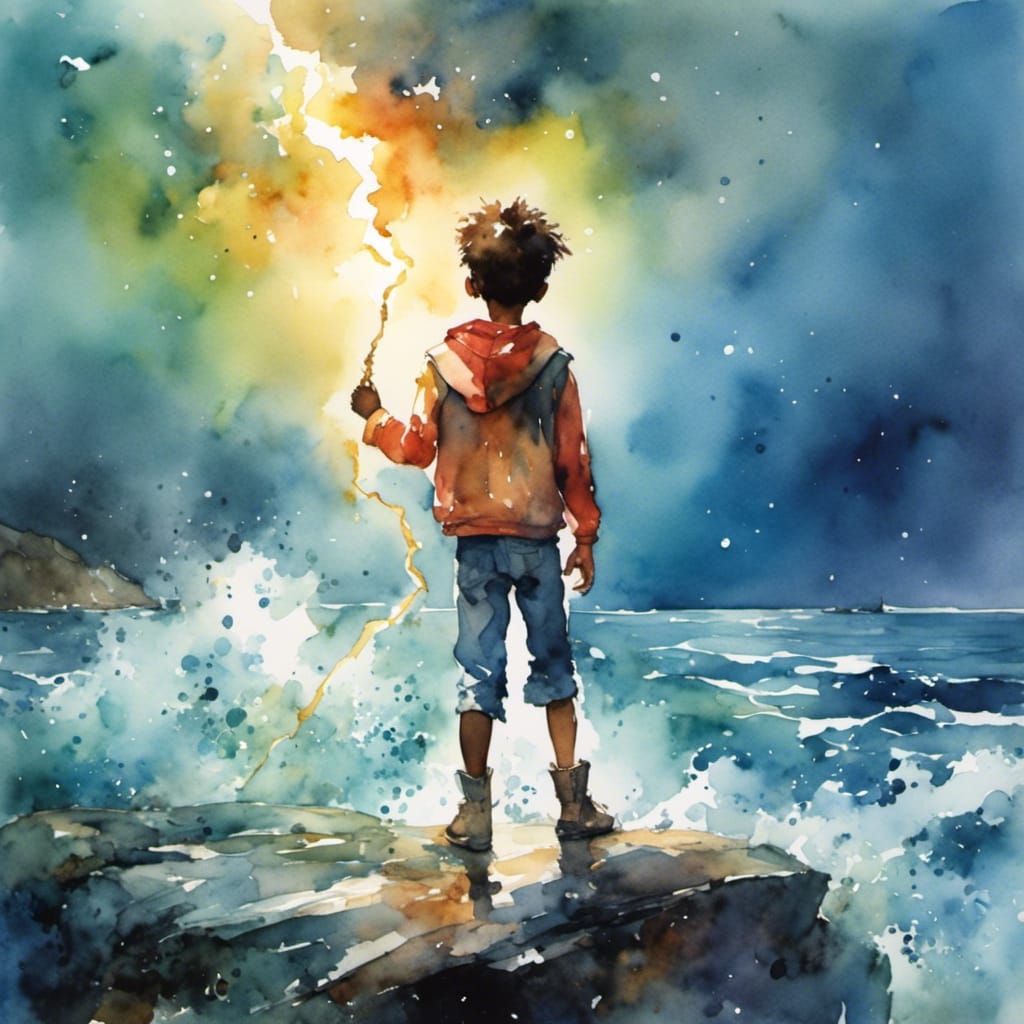 Boy with Lightning Bolt on Stormy Shore