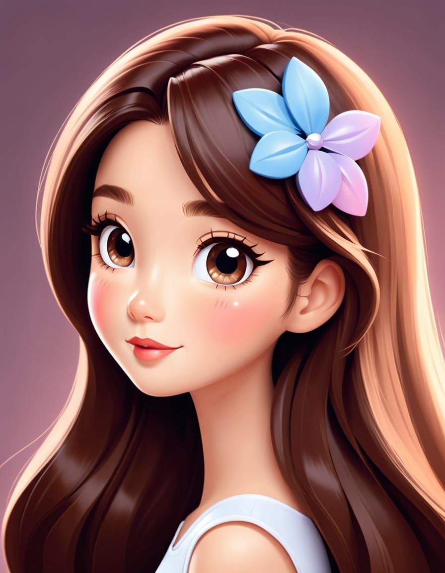 Cute Animated Cartoon Portrait with Brown Hair