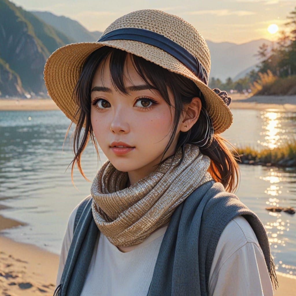 Anime Girl on Beach with Mountains in Digital Painting