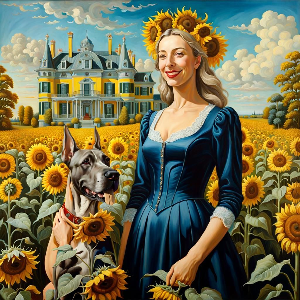 Lady and Great Dane in Surreal Sunflower Field