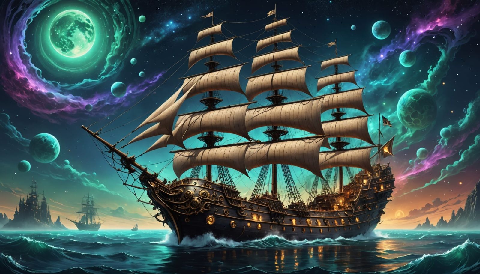 Galleon in Cosmic Nebula, Steampunk Algae Sails