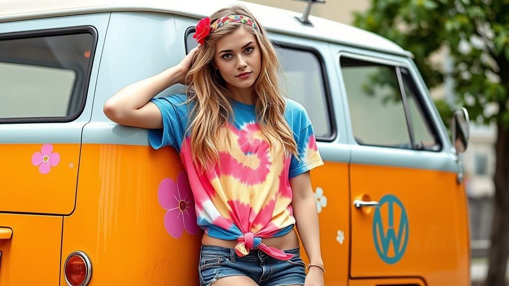 Bohemian Woman With Blonde Hair and VW Bus