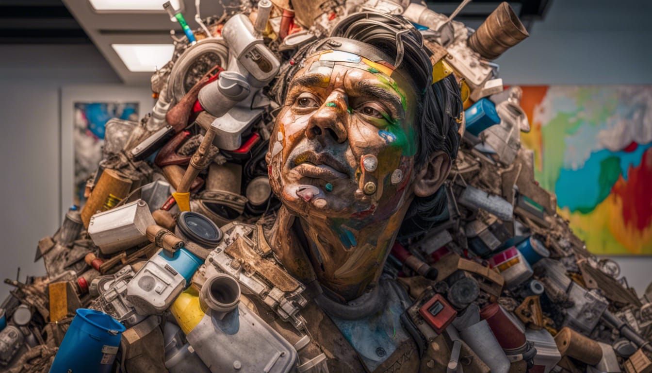 Hyperrealistic Trash Man Statue in Art Gallery