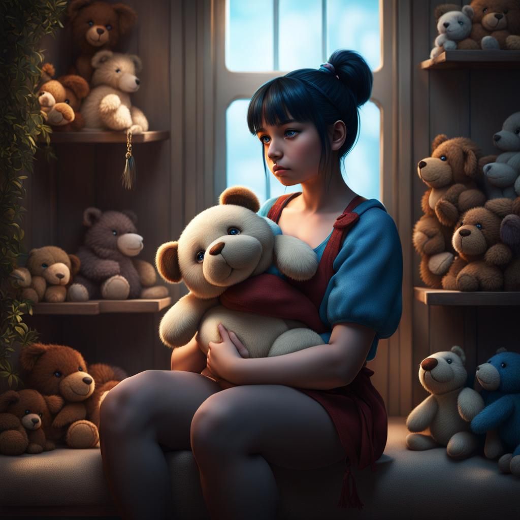 Lonely Woman with Stuffed Animal: Detailed Digital Art