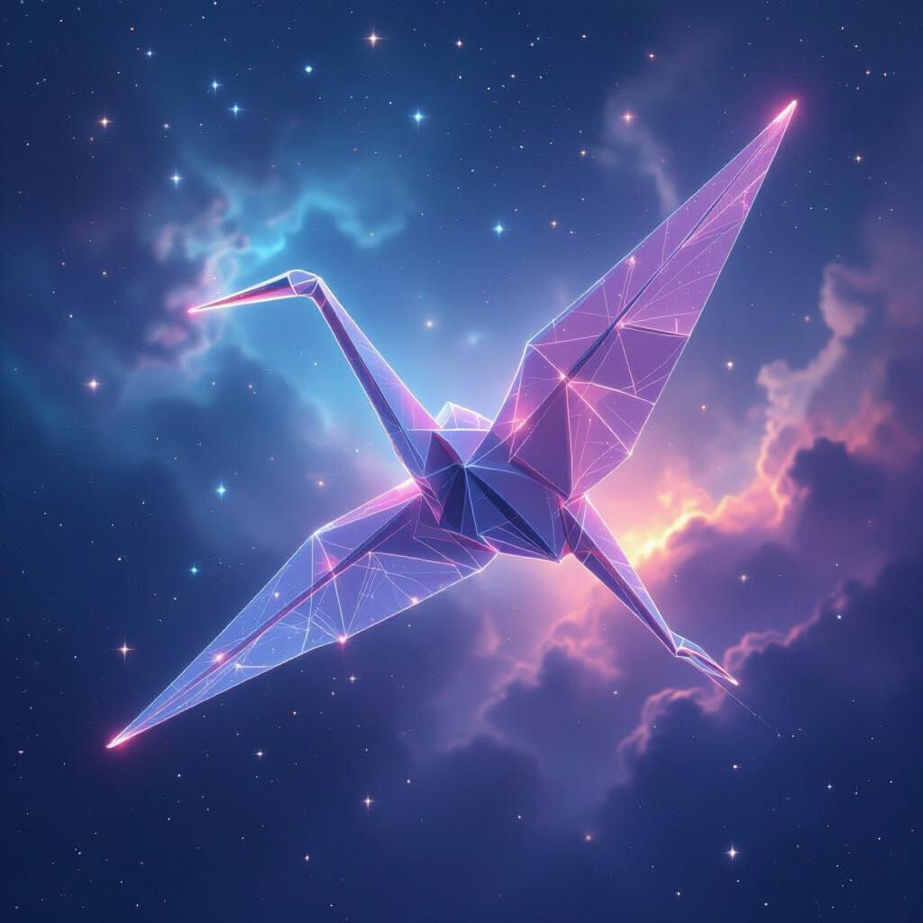 Celestial Origami Crane Soaring Through Nebula