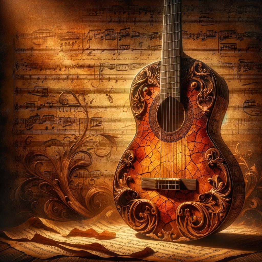 Aged Antique Guitar Amidst Vintage Sheet Music