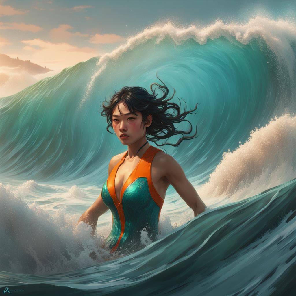 Asian Girl Swimming in Monster Waves