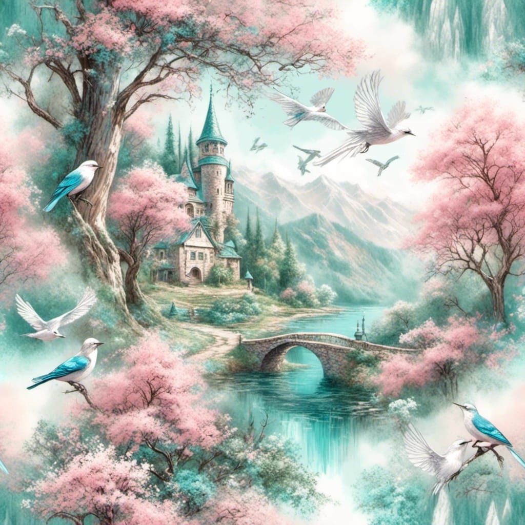 Spring Bird in Enchanted Chalk Art Landscape