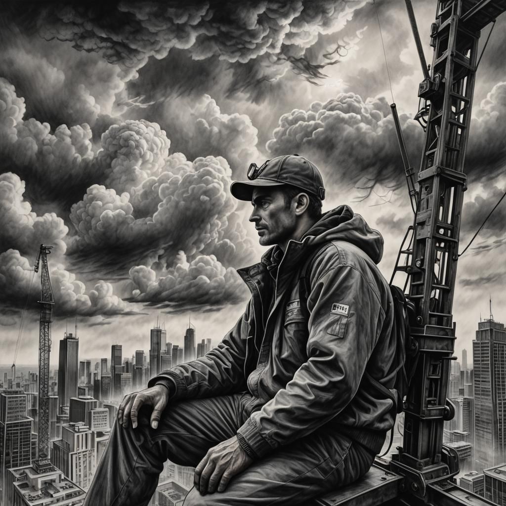 Charcoal Drawing of Man on Crane