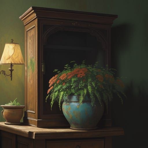 Oil Painting of Flowerpot on Old Cabinet