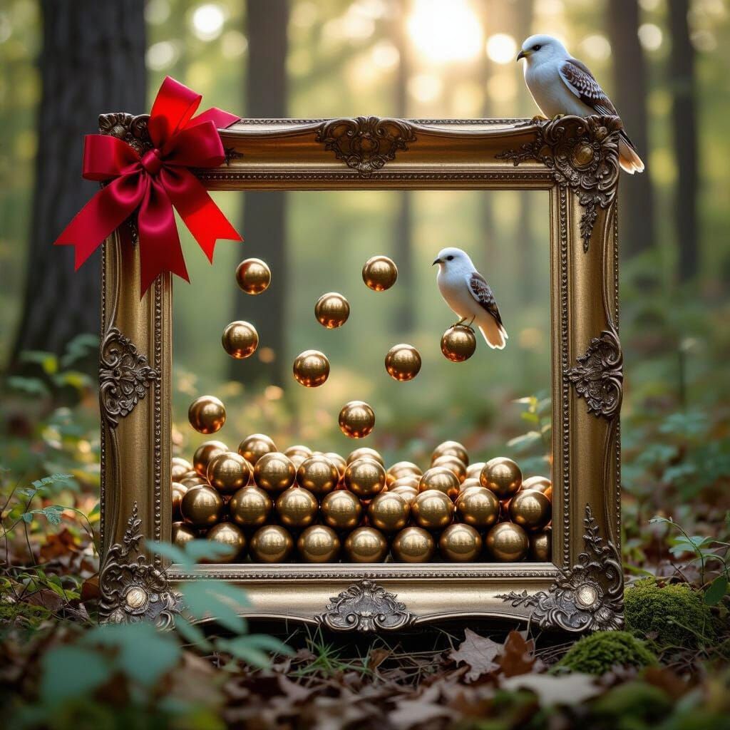 Antique Picture Frame with Bronze Spheres in Forest