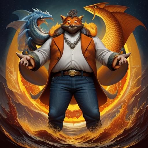 Mythical Creature Smiles on Orange Surface, Mixed Media Art