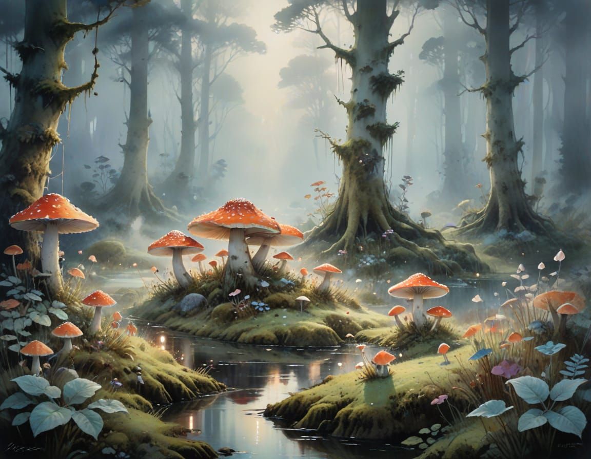 Bioluminescent Mushroom Grove with Fox in Watercolour Style