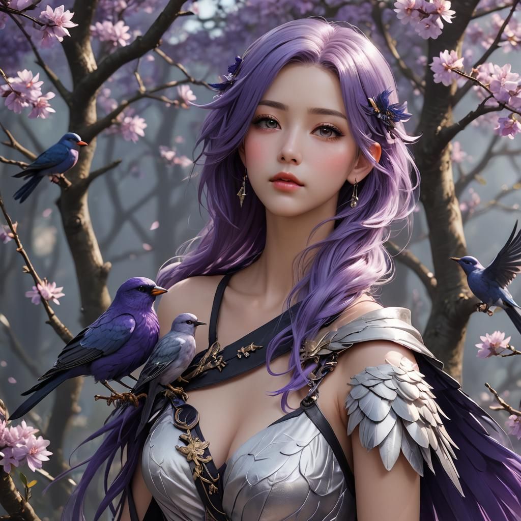 Anime Woman with Bird in 3D Rendered Style