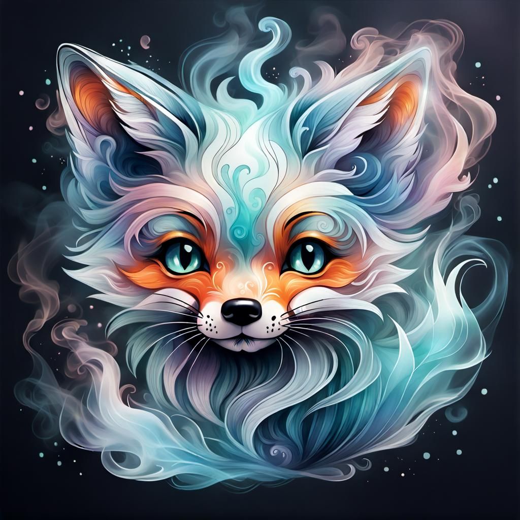 Pastel Smoke Chibi Fox in Zentangle Comic Art