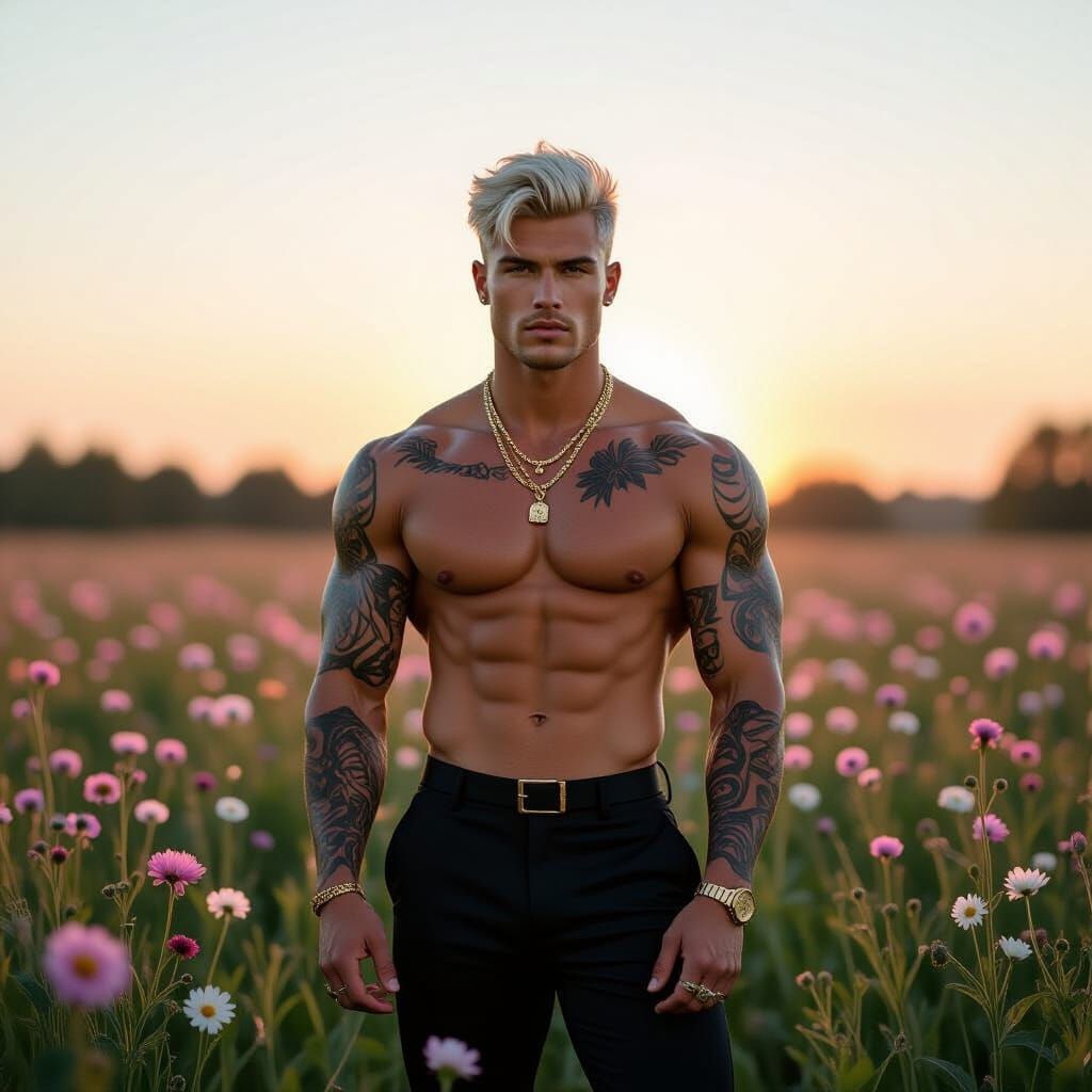 Male Model in Flower Meadow: Romantic Modern Art