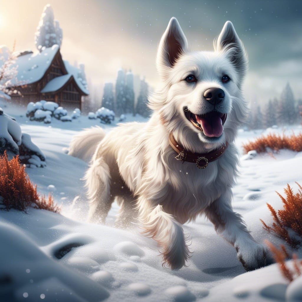 Dog Playing in Snowy Field: Detailed Matte Painting